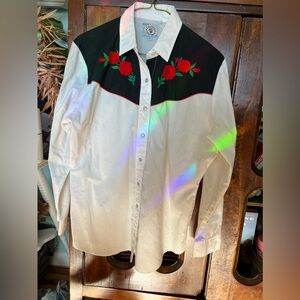 Ely Country Charmers Womens Western Shirt White Black Pearl Snap Size M Roses